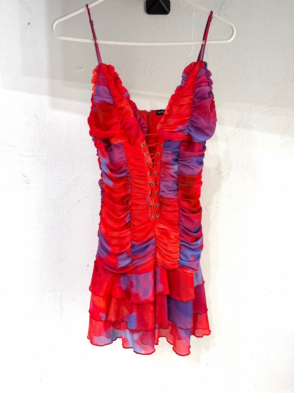 Fashion Nova Red & Purple Ruffled Lace-Up Slip Dress